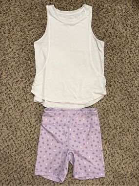 Girls White Layered Active Tank with Lavender Floral Biker Shorts
